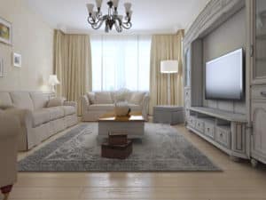 Living room country style. Bright interior of room with large window exclusive wall system and soft furniture. 3D render